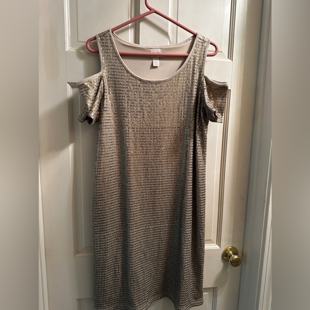Chico’s champagne sequin dress, cold shoulder knee length, never worn, no tags
